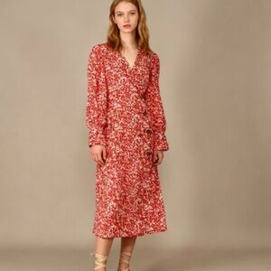 Ganni Floral Crepe Midi Dress Orange